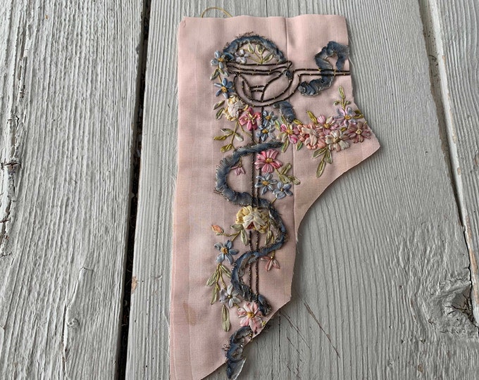 One Antique Ombre Ribbon Embroidery Fragment on Silk With Metallic ...