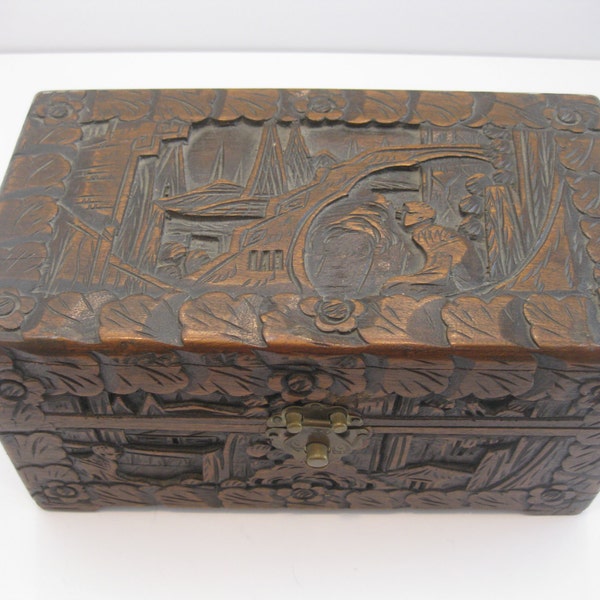 Wood Carved Chinese Box, Jewelry Box With Intricate Brass Hardware