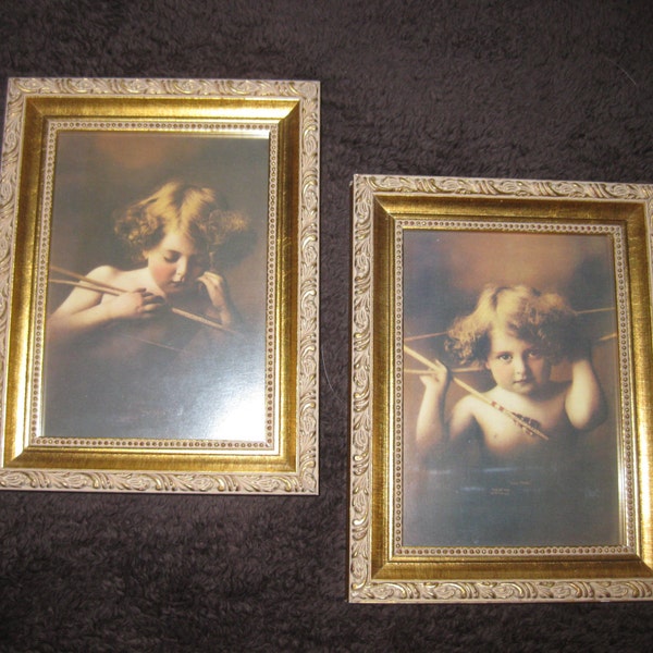 Pair of Cupid Awake Cupid Asleep Framed Vintage Prints M. B. Parkinson