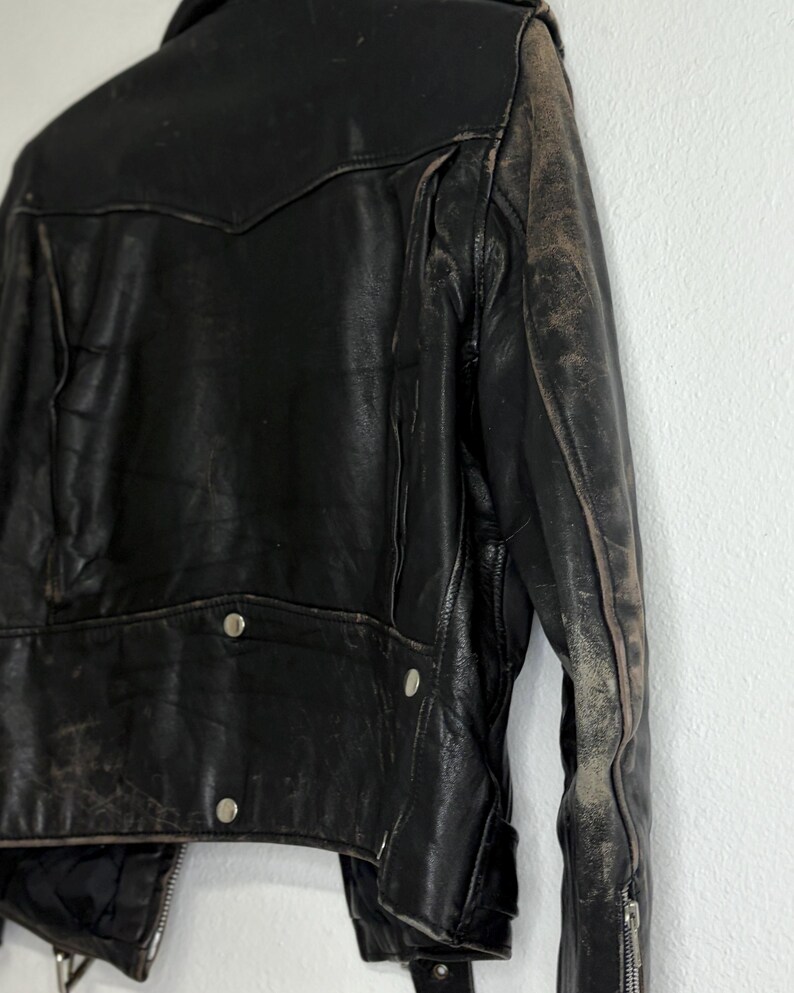 Vintage 80s Black Leather Jacket/ Belted Motorcycle Biker Jacket image 9