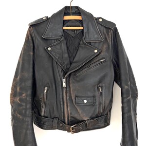 Vintage 80s Black Leather Jacket/ Belted Motorcycle Biker Jacket image 2
