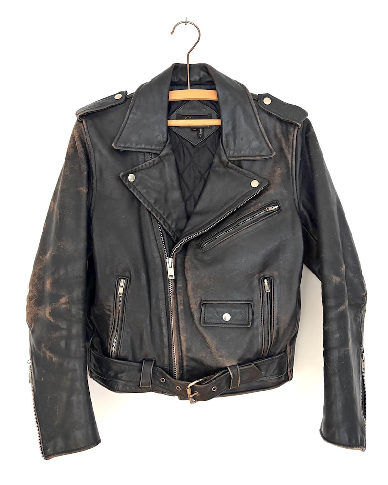 Vintage 80s Black Leather Jacket/ Belted Motorcycle Biker Jacket image 2