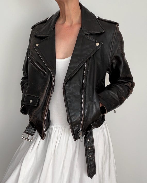Vintage 80s Black Leather Jacket/ Belted Motorcycle Biker Jacket