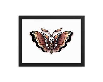 Framed Print of Death Moth 12x16" – Traditional Tattoo Illustration Style – Gothic Framed Wall Art