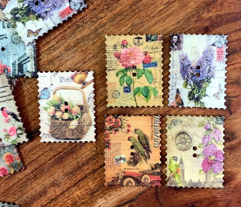 embellishments vintage style embellishments mini inspiration craft supplies junk journal supplies Wooden postage stamp stule buttons
