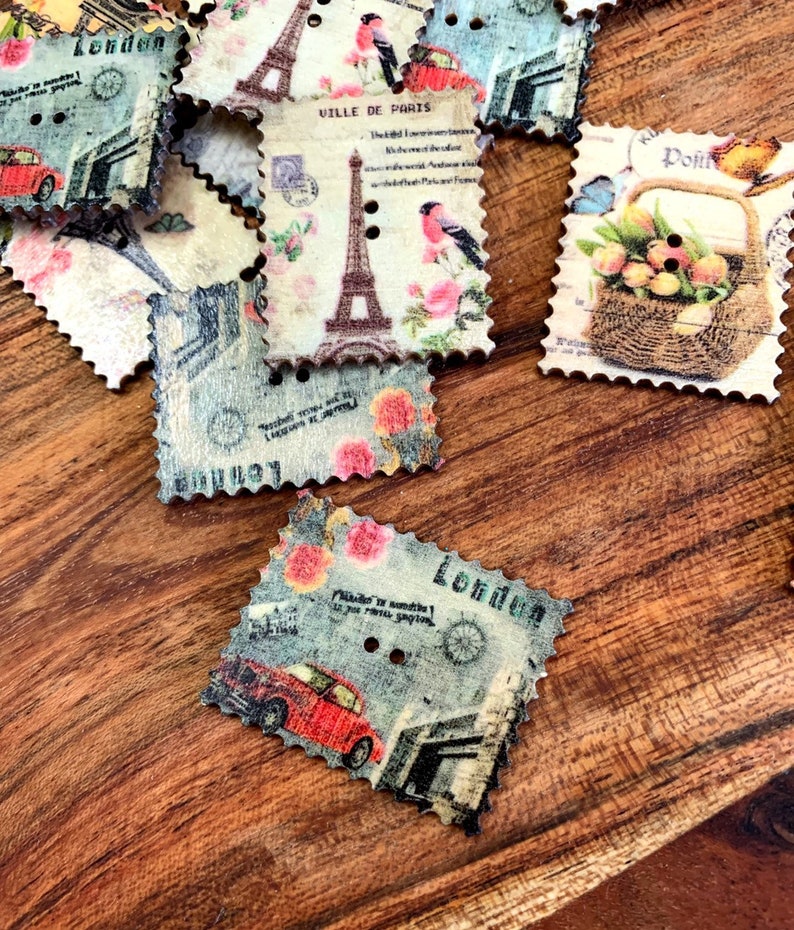 embellishments vintage style embellishments mini inspiration craft supplies junk journal supplies Wooden postage stamp stule buttons