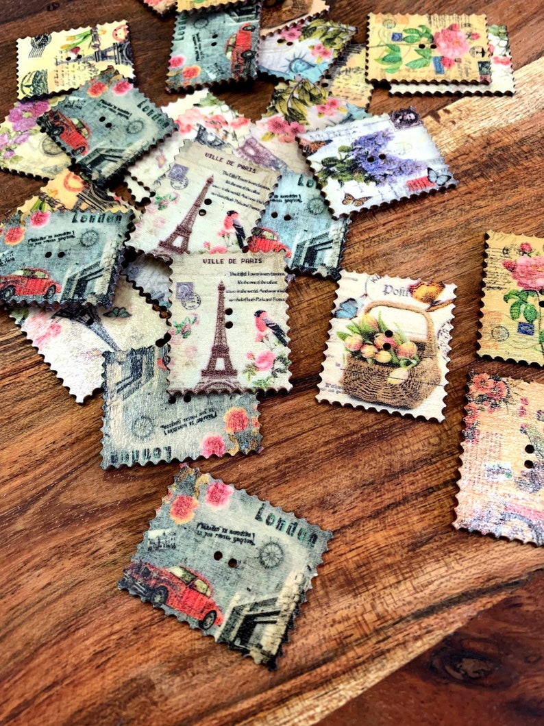 embellishments vintage style embellishments mini inspiration craft supplies junk journal supplies Wooden postage stamp stule buttons