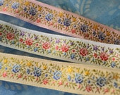 Silk Floral Ribbon 7 8 quot wide, pretty colors, white, pink and ivory all Embroidered with Roses large and small. Vintage.