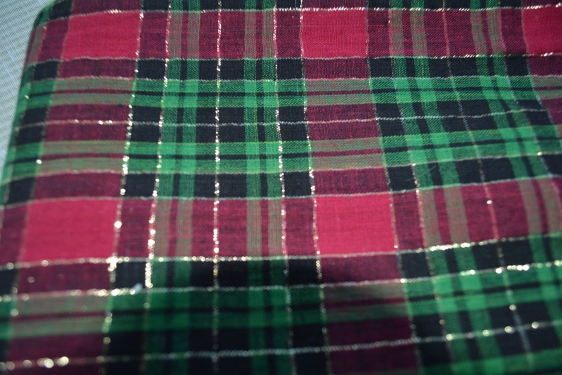 Remnant Christmas Toys or plaid Fabric Pieces in small sizes for small projects gold and black. Plaid has two shades of green and rose