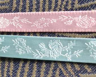 Aqua/Teal or Baby Pink Floral Jacquard Satin Ribbon