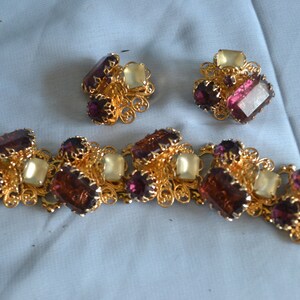 Vintage Amethyst Bracelet and Clip Earring Set: Gold Filigree Jewelry