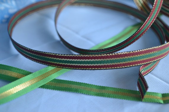 Striped Ribbon: Gold, Maroon & Green - 3/8" Reversible Trim
