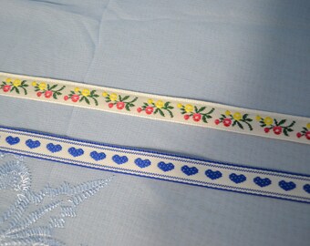 Woven Jacquard Ribbon: 1/2" Blue Hearts or Floral