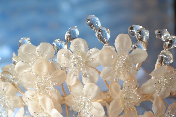 Bridal Tiara with Icy Blown Glass and Silk Flower… - image 7