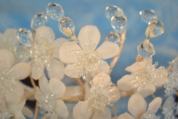 Bridal Tiara with Icy Blown Glass and Silk Flower… - image 5