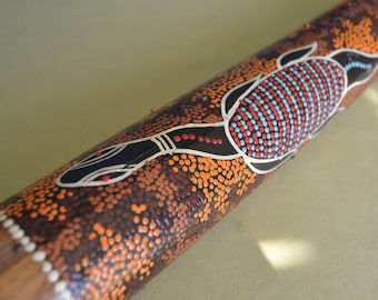 Rain Stick with large turtle clan painted dot design, 35" long. Vintage great.  Bamboo Rain Stick shaker.
