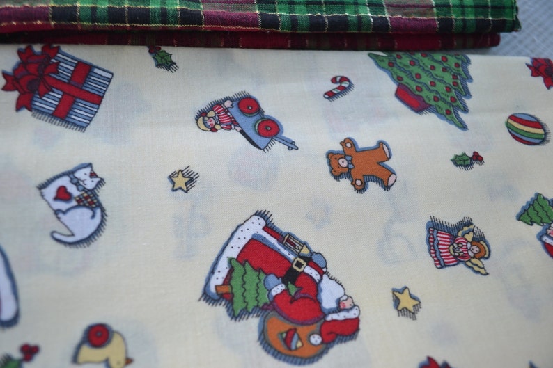 Remnant Christmas Toys or plaid Fabric Pieces in small sizes for small projects gold and black. Plaid has two shades of green and rose