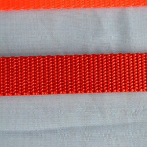 May include: Close-up of two bright orange nylon webbing straps. The top strap is thinner than the bottom strap. The straps are set against a light blue fabric background. The straps are likely used for crafting or outdoor gear.