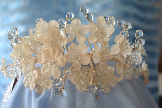Bridal Tiara with Icy Blown Glass and Silk Flower… - image 1