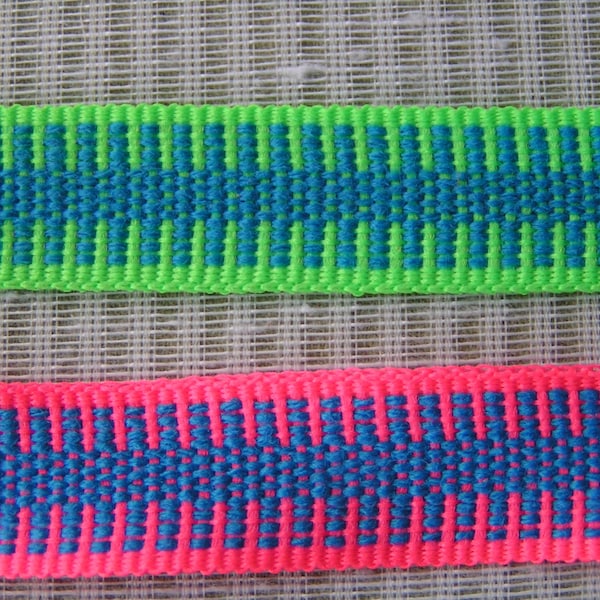 5 yards Zipper Design Trimming, Neon Green or Hot Pink with Bright Blue Centers.  A woven ribbon similar to grosgrain.