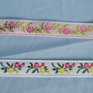 Floral Jacquard Ribbon: Pink Fuchsia Pom Poms or Pink Yellow Flowers