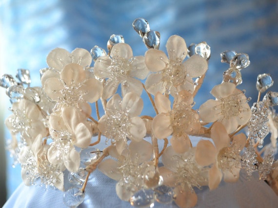 Bridal Tiara with Icy Blown Glass and Silk Flower… - image 6