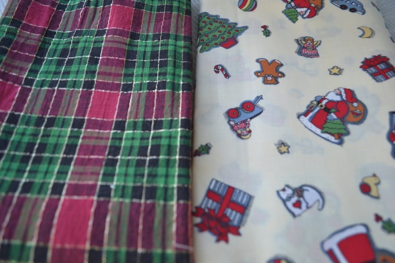 Remnant Christmas Toys or plaid Fabric Pieces in small sizes for small projects gold and black. Plaid has two shades of green and rose