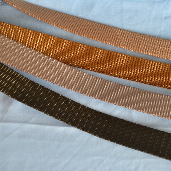 Nylon 1" webbing, Golden Tan, Rust, Taupe and Brown.  100% Nylon Webbing, Standard Weight all  useful colors.