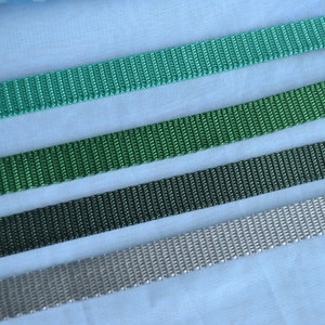 1/2&quot; wide Teal, Green, Forrest Green and Silver Gray, 100% Nylon Webbing, A lovely webbing style with many uses.   Standard Weight Webbing.