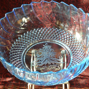 Vintage Blue Glass Bowl, Embossed Christmas Tree, Diamond Cut Base