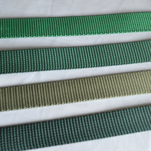 1 inch wide Kelly Green, Forest Green, Moss Green and Dark Teal Green.  100% nylon webbing in standard weight.