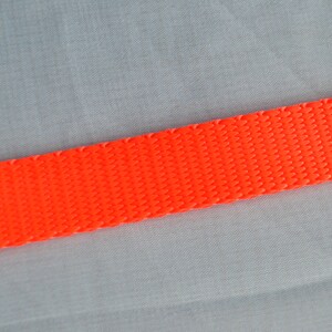 May include: Bright orange woven nylon webbing. The webbing is angled across a light gray background. The material has a textured surface and appears durable. This could be used for straps, belts, or other crafting projects.