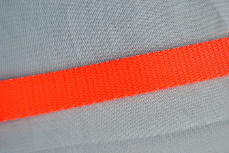 May include: Bright orange woven nylon webbing. The webbing is angled across a light gray background. The material has a textured surface and appears durable. This could be used for straps, belts, or other crafting projects.
