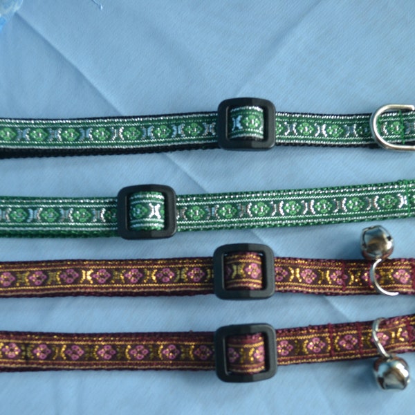 Green and  Silver or Pink and Gold Trimming for cats or small dog collars with 100% nylon webbing.  Washable and adjustable.