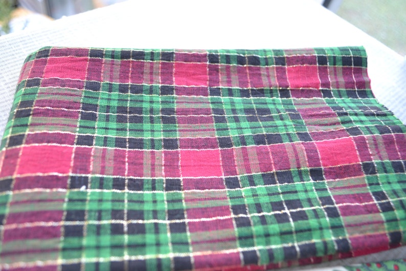 Remnant Christmas Toys or plaid Fabric Pieces in small sizes for small projects gold and black. Plaid has two shades of green and rose