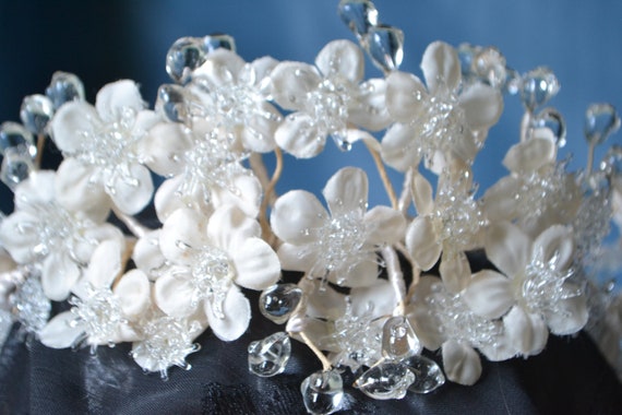 Bridal Tiara with Icy Blown Glass and Silk Flower… - image 2