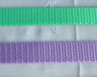 3/4" wide Bright teal, lavender, light lavender and lilac.  100% nylon standard weight webbing.