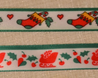 Vintage Christmas Satin Ribbon, Sleigh and Stocking Print, 1995 Offry Ribbon