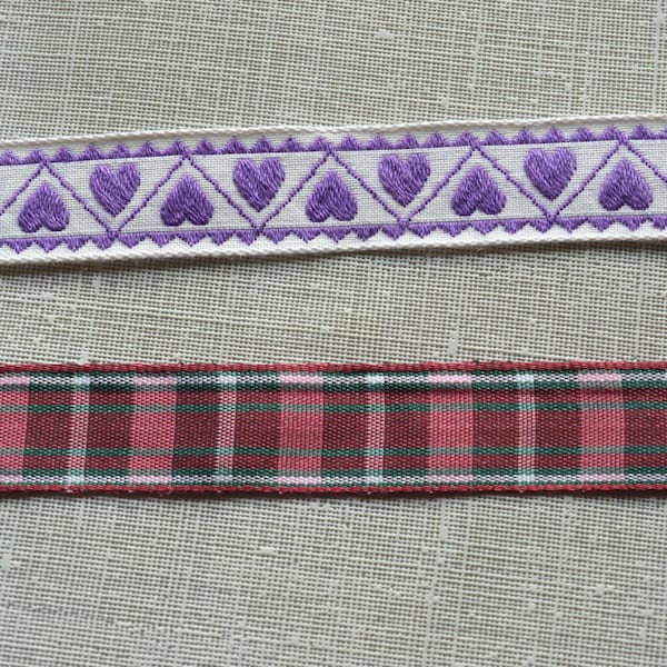 Cotton Purple Lavender Hearts Ribbon, Jacquard on White Background with violet/purple or Maroon Plaid with white and green.  Both 5/8" wide.