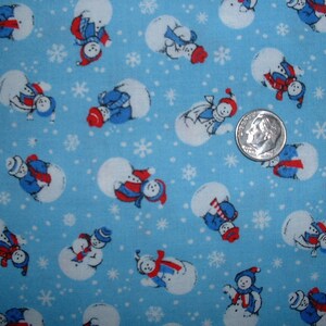 Snowmen Cotton Fabric: Winter Holiday Crafting, Sky Blue Background