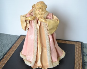 Vintage Paper Mache Santa Christmas Tree Topper, Pink Fuzzy Trim