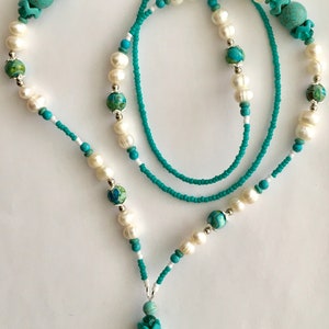 51LPM2062 Turquoise and White Freshwater Pearl Lanyard