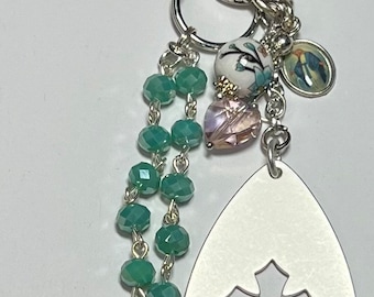 Miraculous Medal Rosary Keychain: Miraculous  Medal  Rosary Keychain, Silver Cross Charm,  Turquoise and Crystal Rosary Charm Gift Idea