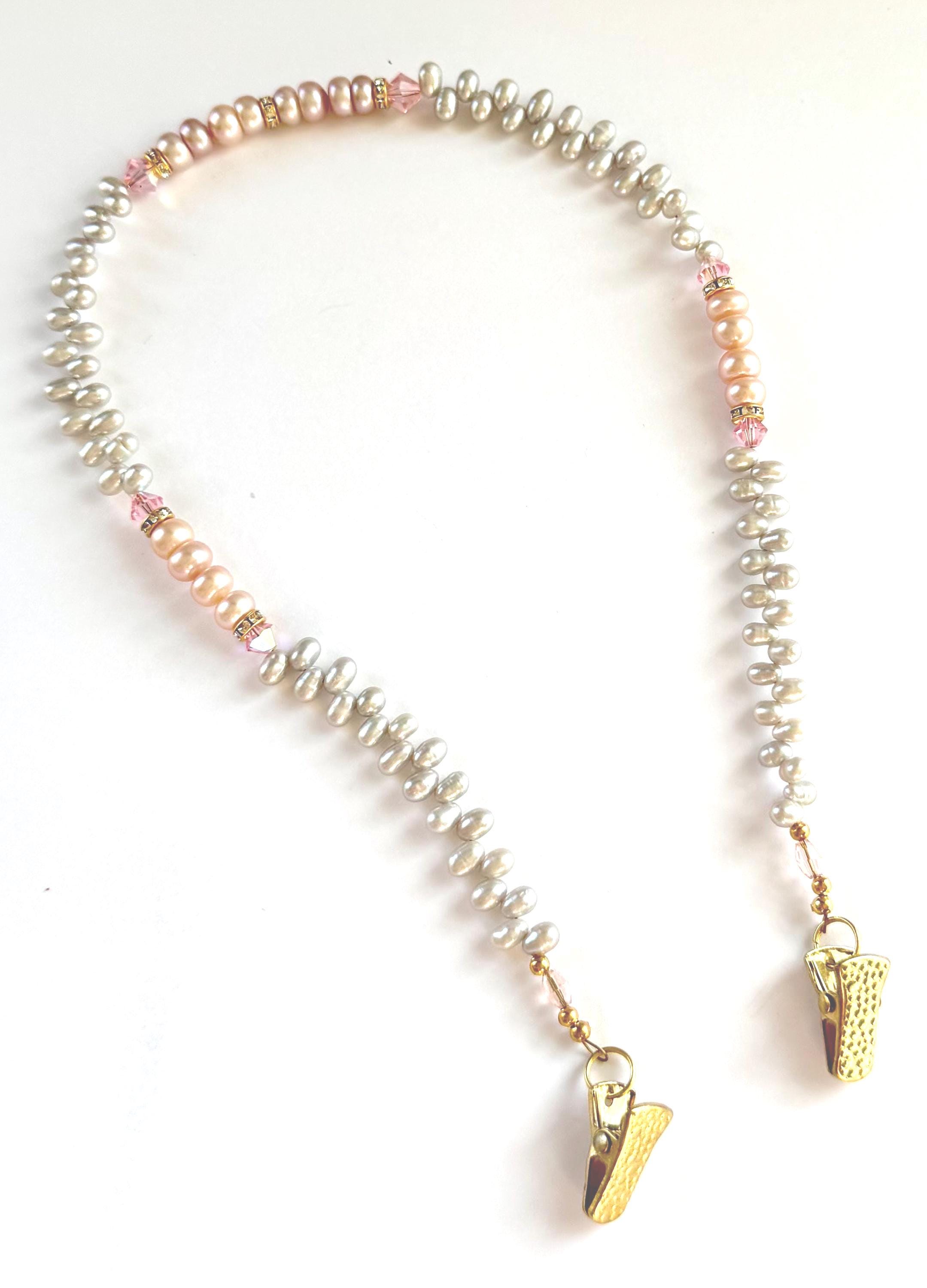 Silver Peach Freshwater Pearls Napkin Clips: Napkin/ Bib Holder Lanyard