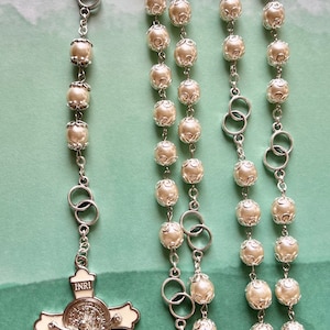 02 WRR102  Saint Benedict White Pearl Infinity Wedding Rosary, Devotional Wedding Rosary, Saint Benedict Rosary, Devotional Rosary