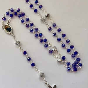 LCR2423 Blue Crystals  Madonna and Child Rosary, Catholic Rosary, Devotional Rosary  Gift for Mom Beaded Rosary  First Communion Gift