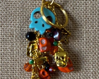 HAL2501   Gold Turquoise and Orange Skull  Skeleton Halloween   Planner Charm Cellphone Charm Bag Charm Cellphone Lanyand Bag Accessory