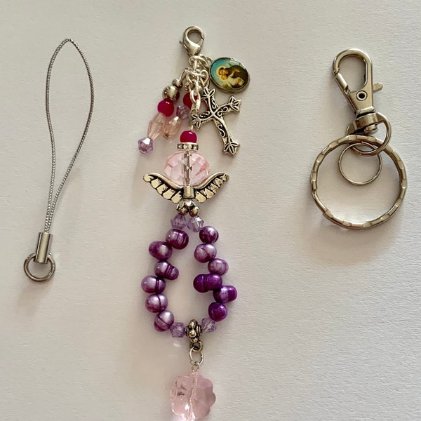 04KAP04 Purple Fresh Water Pearls Multi Purpose  Angelic Saint Joseph Planner Charm, TN charm, Cellphone charm, Keychain and Bag Charm.