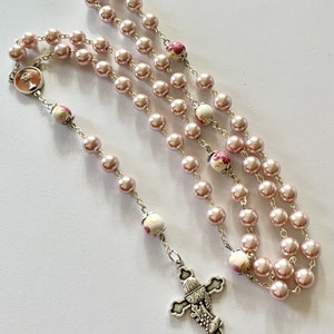 53RCR830 First Communion Rose Pink Pearl Catholic Rosary, Catholic Rosary, Rosary, Communion Rosary, Communion Rosary Gift