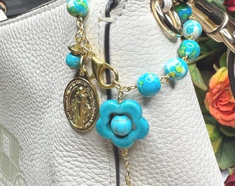 Miraculous Medal  Rosary Bag Charm: Turquiose Purse Accessory with Flowers, Pocket Rosary